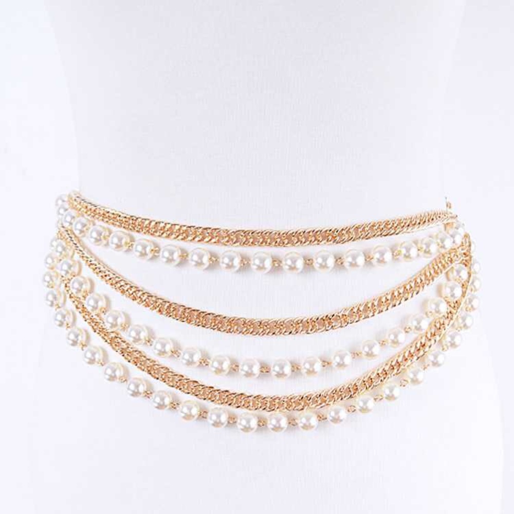 Gold Metal & Pearl Layer Statement Adjustable Chain Belt
